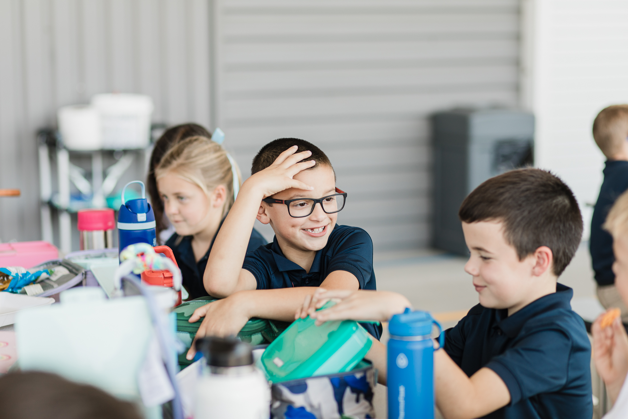 Classical school students socializing at PCS, a private Christian school in North Houston, TX.